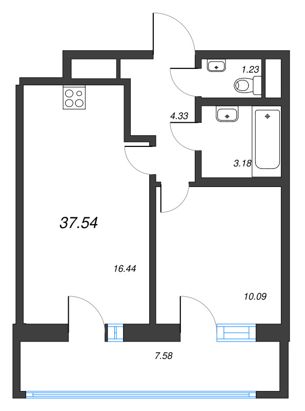 2-комнатная (Евро) квартира, 37.54 м² - планировка, фото №1