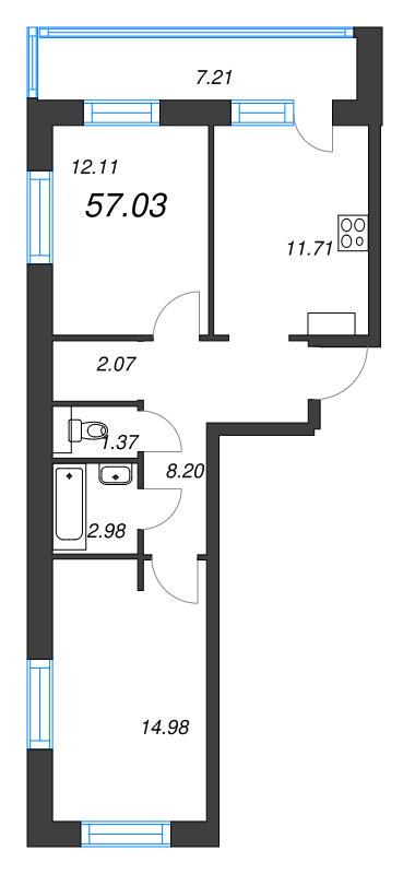 2-комнатная квартира, 57.03 м² - планировка, фото №1
