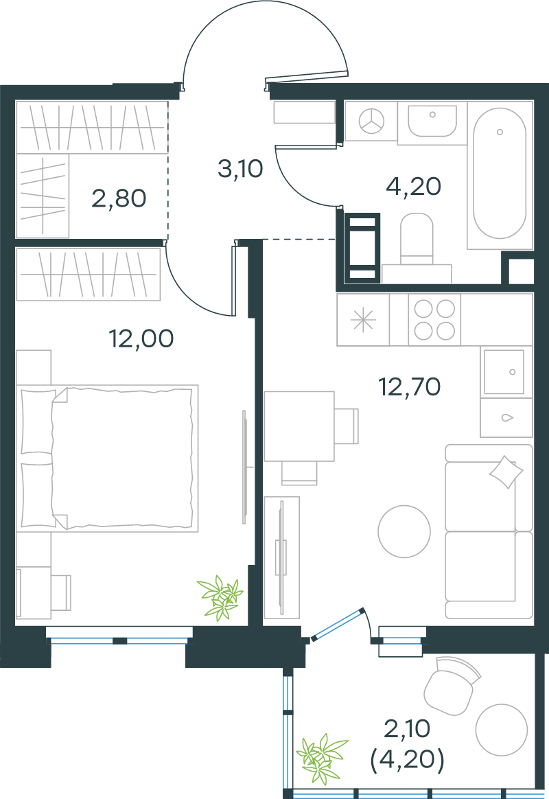 1-комнатная квартира, 36.9 м² в ЖК "Левел Мечникова" - планировка, фото №1