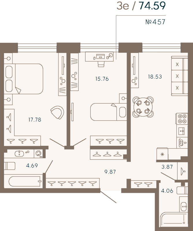 3-комнатная (Евро) квартира, 74.59 м² в ЖК "17/33 Петровский остров" - планировка, фото №1