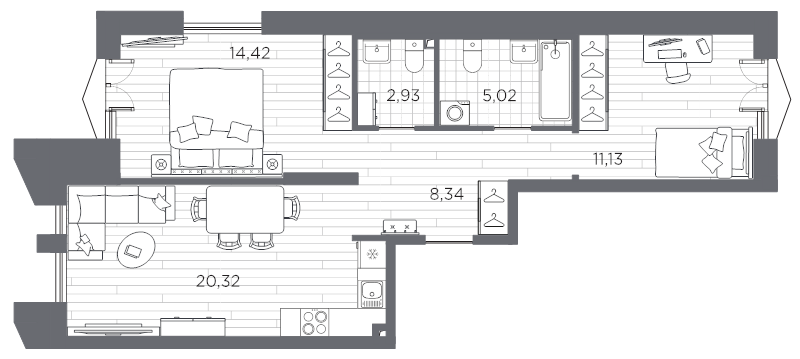 3-комнатная (Евро) квартира, 62.16 м² в ЖК "Галерная гавань" - планировка, фото №1