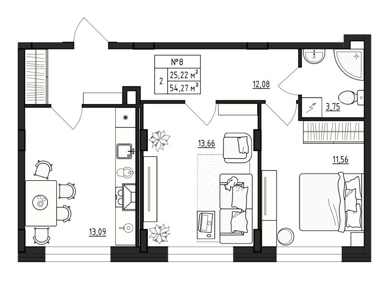 2-комнатная квартира, 54.27 м² - планировка, фото №1