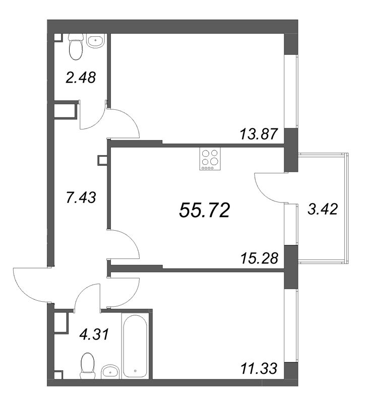 3-комнатная (Евро) квартира, 55.72 м² в ЖК "Охтинские высоты" - планировка, фото №1