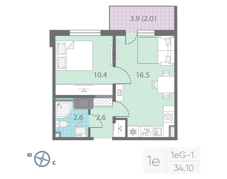 2-комнатная (Евро) квартира, 34.1 м² в ЖК "Цветной город" - планировка, фото №1