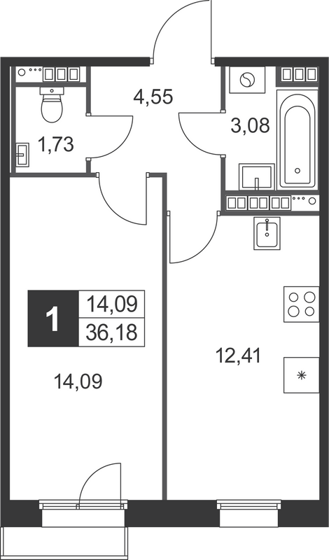 1-комнатная квартира, 36.18 м² в ЖК "Слобода" - планировка, фото №1