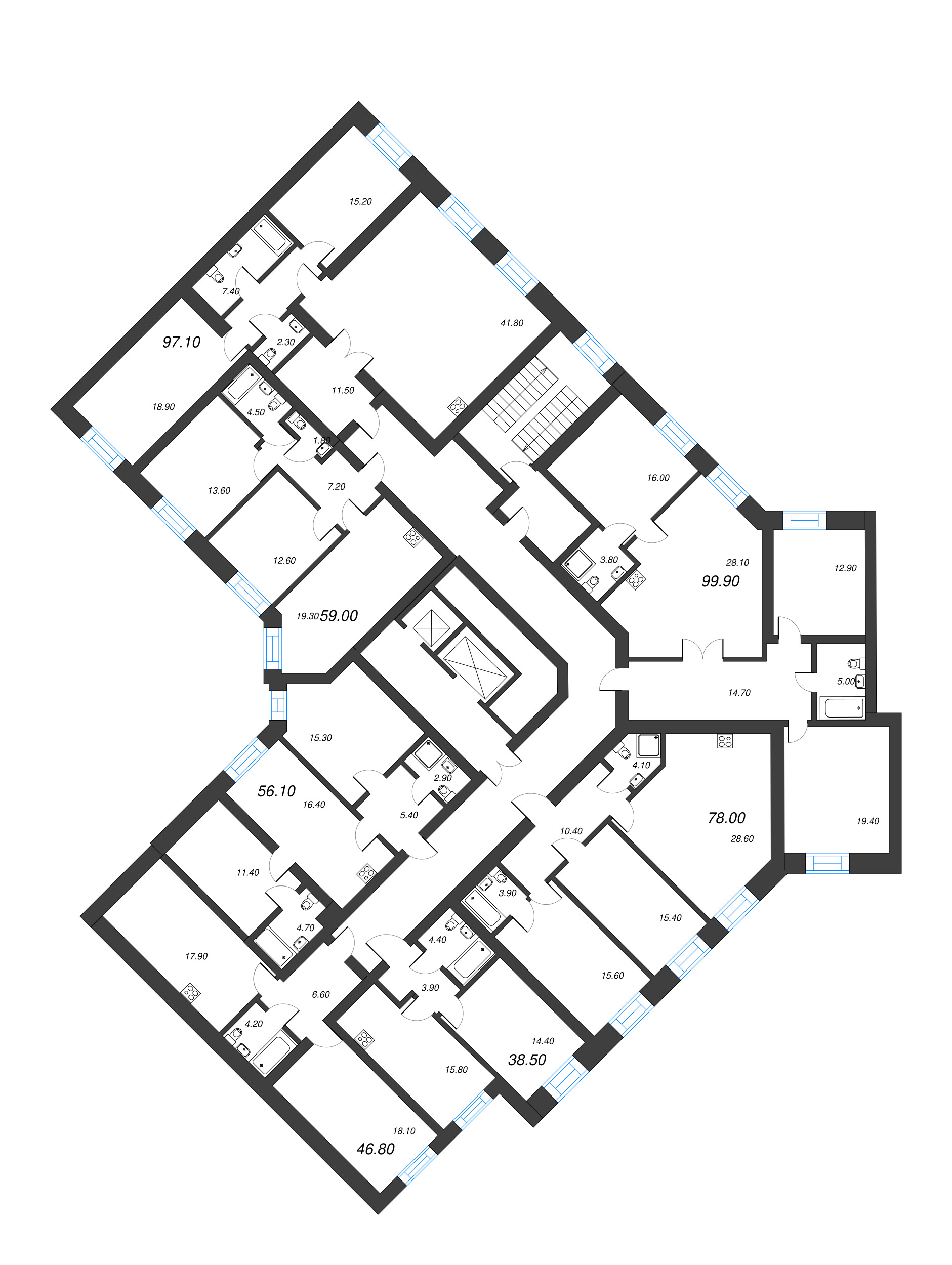 1-комнатная квартира, 38.5 м² в ЖК "Листва" - планировка этажа