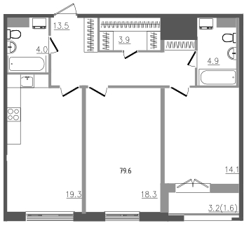 3-комнатная (Евро) квартира, 79.6 м² - планировка, фото №1