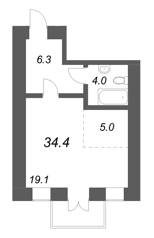Квартира-студия, 34.4 м² в ЖК "Дом купца Злобина" - планировка, фото №1