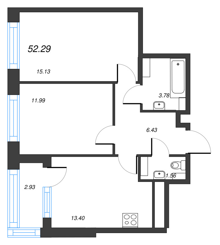 2-комнатная квартира, 52.29 м² в ЖК "Б15" - планировка, фото №1