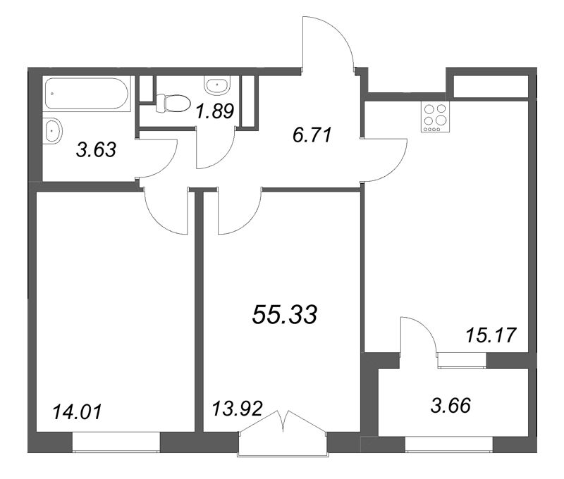3-комнатная (Евро) квартира, 55.33 м² в ЖК "Дубровский" - планировка, фото №1