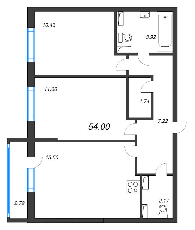 3-комнатная (Евро) квартира, 54 м² - планировка, фото №1