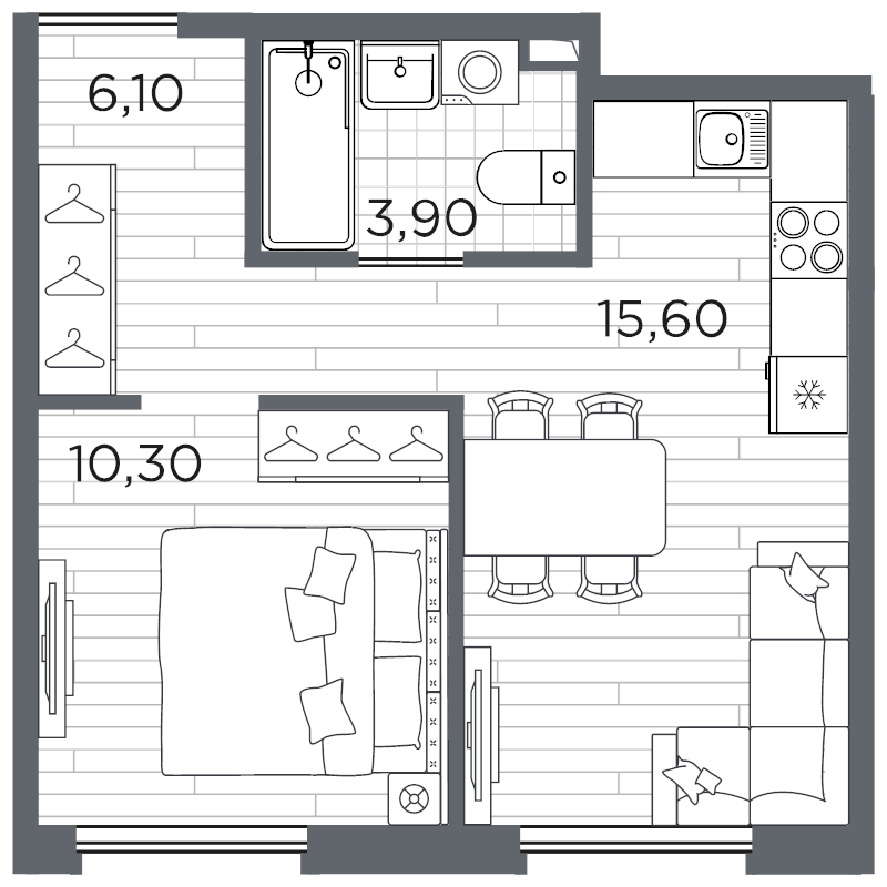 2-комнатная (Евро) квартира, 36.9 м² в ЖК "Плюс Пулковский" - планировка, фото №1