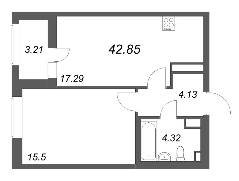 2-комнатная (Евро) квартира, 42.85 м² в ЖК "Аквилон Солар" - планировка, фото №1