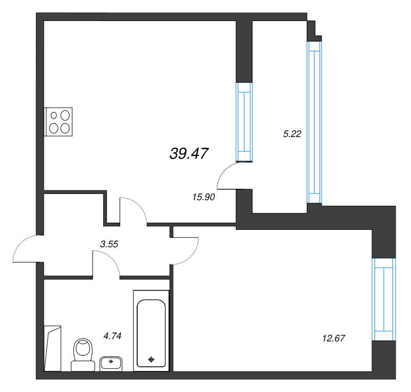 2-комнатная (Евро) квартира, 39.47 м² - планировка, фото №1