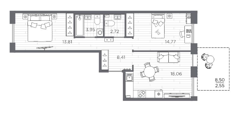 3-комнатная (Евро) квартира, 64.27 м² в ЖК "Сезоны" - планировка, фото №1