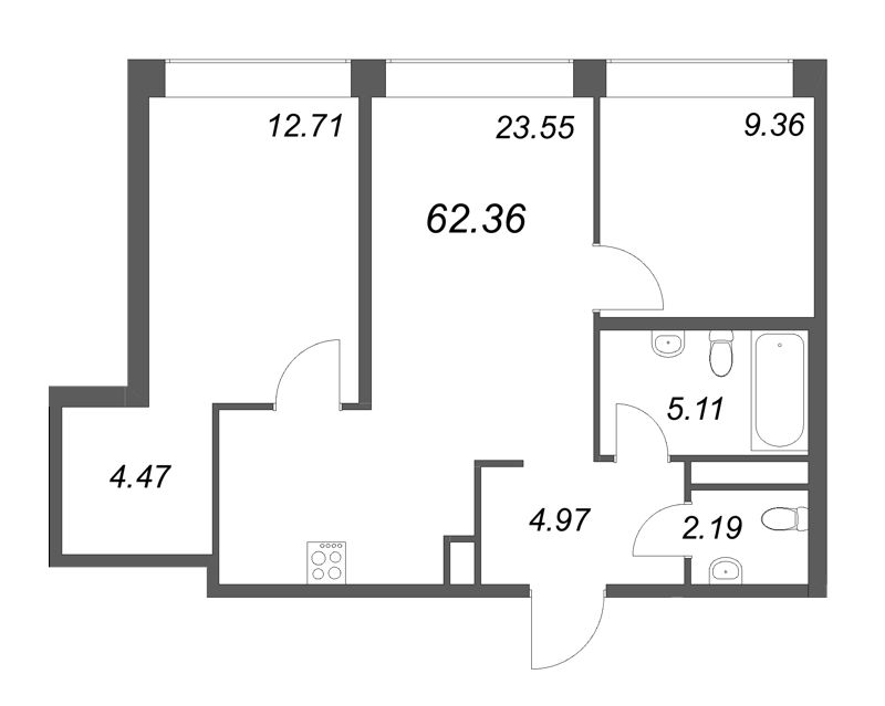 3-комнатная (Евро) квартира, 62.36 м² - планировка, фото №1