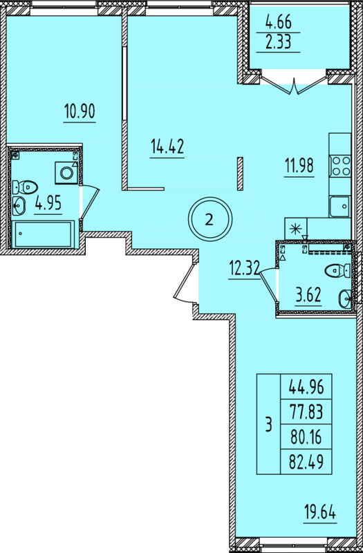 3-комнатная (Евро) квартира, 77.83 м² - планировка, фото №1