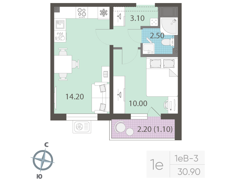 1-комнатная квартира, 30.9 м² в ЖК "ЛСР. Ржевский парк" - планировка, фото №1