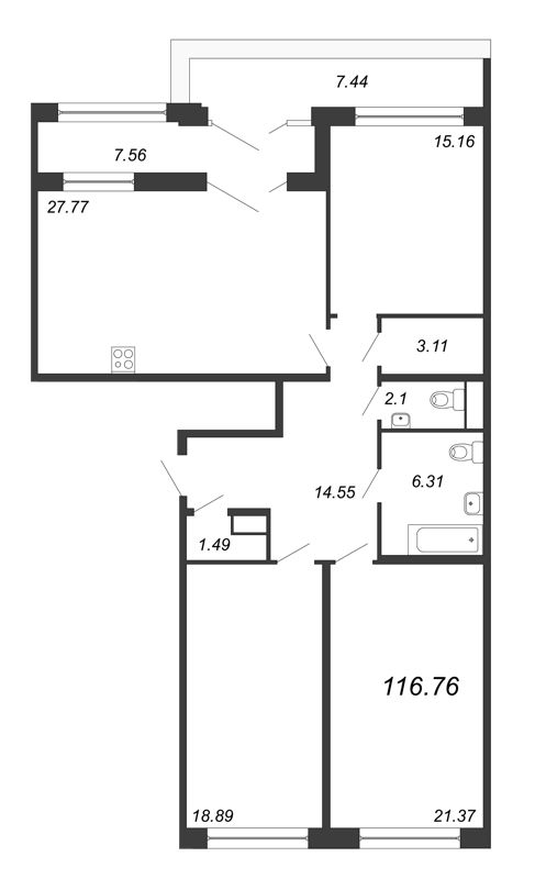 4-комнатная (Евро) квартира, 116.8 м² - планировка, фото №1