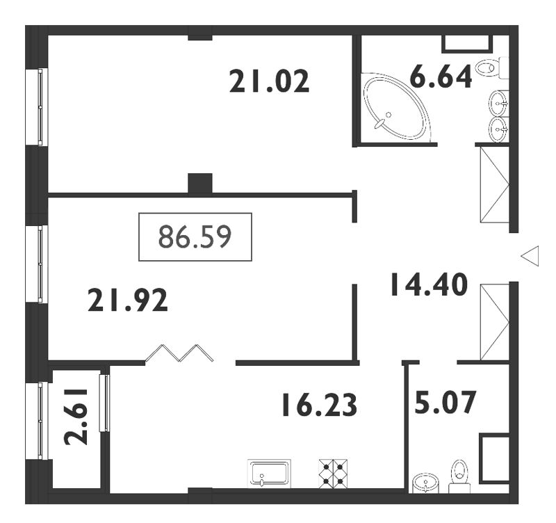 3-комнатная (Евро) квартира, 86.9 м² - планировка, фото №1