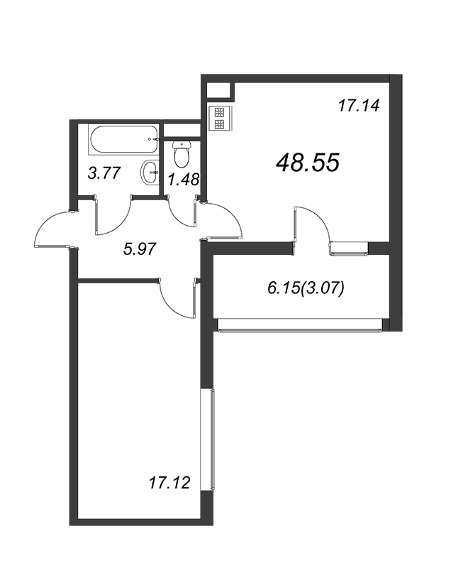 1-комнатная квартира, 48.8 м² - планировка, фото №1