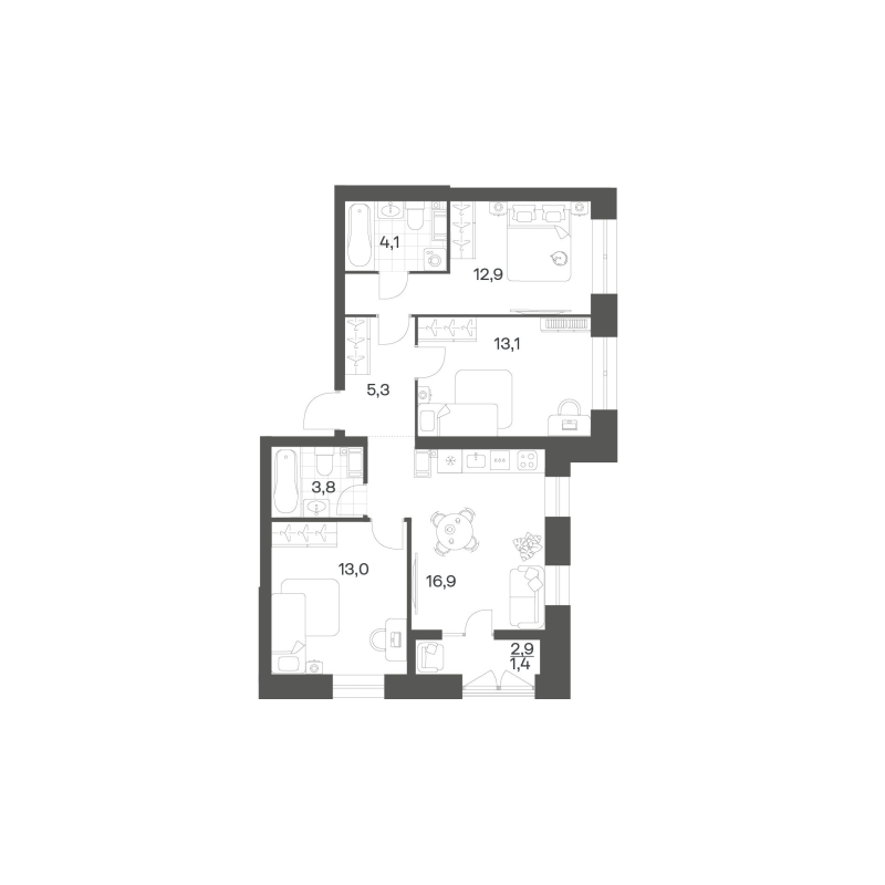 4-комнатная (Евро) квартира, 70.5 м² в ЖК "Новый Питер" - планировка, фото №1