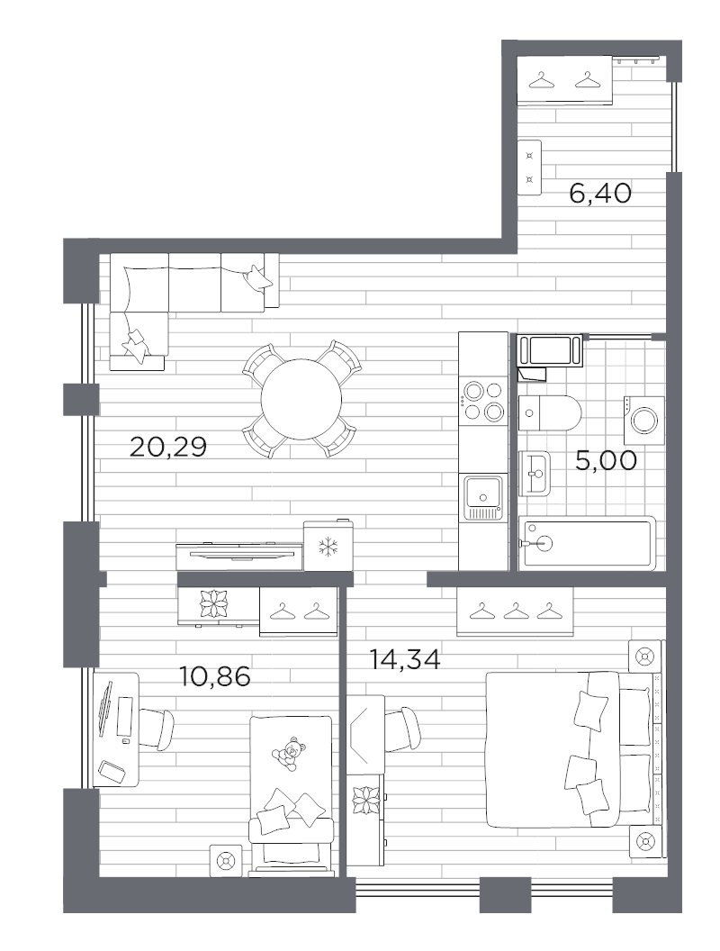 3-комнатная (Евро) квартира, 56.89 м² - планировка, фото №1