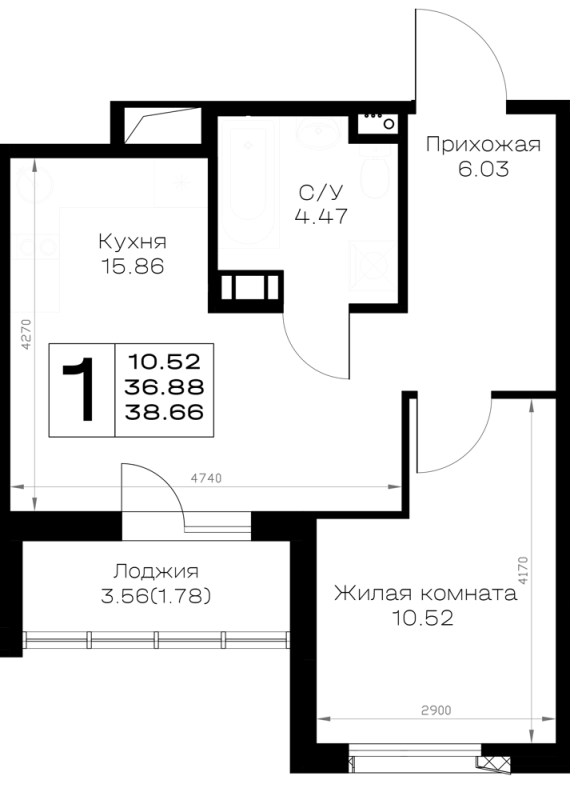 2-комнатная (Евро) квартира, 38.66 м² в ЖК "Борский" - планировка, фото №1