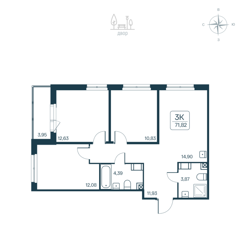 3-комнатная квартира, 71.82 м² в ЖК "Расцветай в Янино" - планировка, фото №1