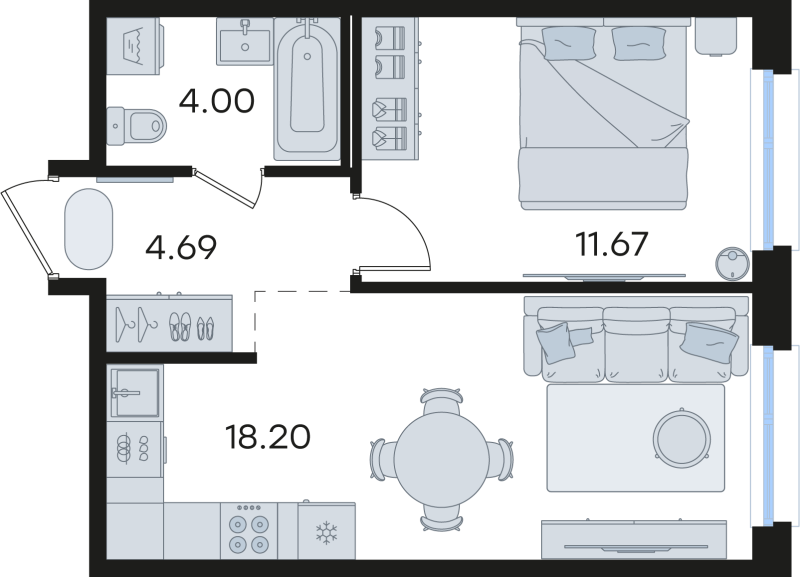 2-комнатная (Евро) квартира, 38.56 м² в ЖК "GloraX Парголово" - планировка, фото №1