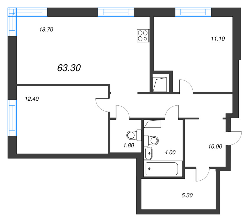 3-комнатная (Евро) квартира, 63.3 м² - планировка, фото №1