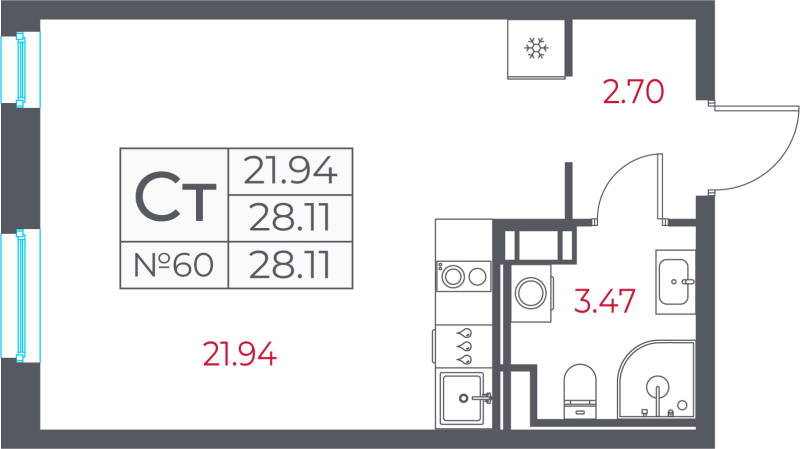 Квартира-студия, 28.11 м² в ЖК "Город-спутник Южный" - планировка, фото №1