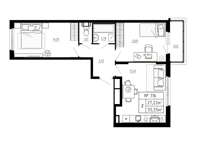 3-комнатная (Евро) квартира, 55.55 м² - планировка, фото №1