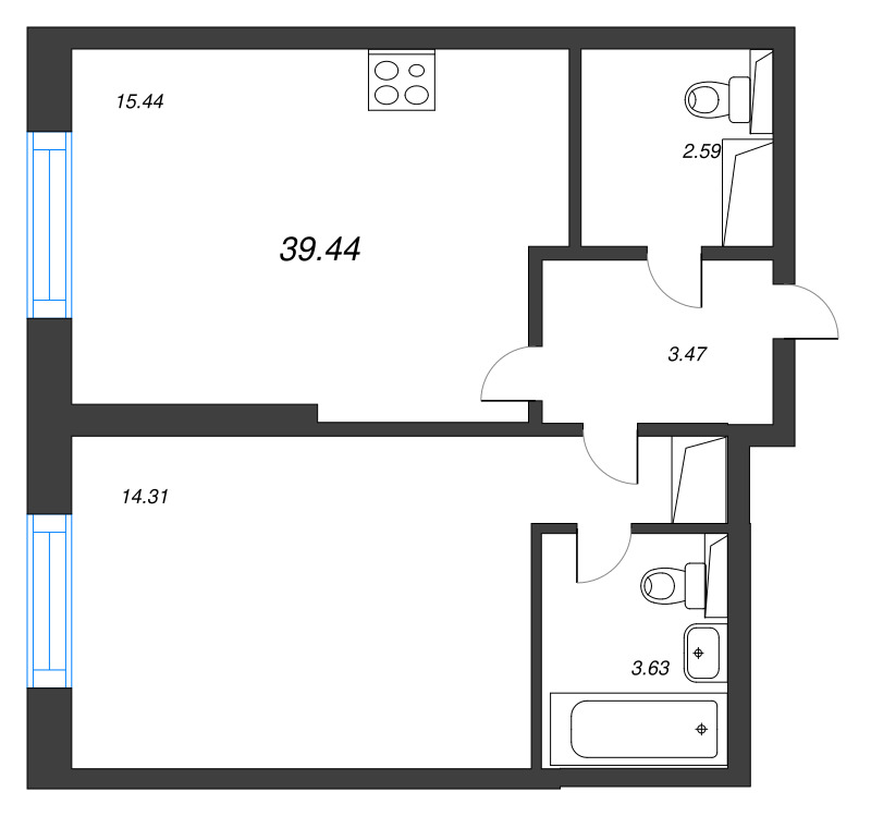 2-комнатная (Евро) квартира, 39.44 м² в ЖК "Цивилизация на неве" - планировка, фото №1