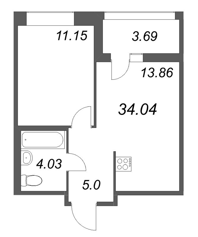 1-комнатная квартира, 34.04 м² в ЖК "Ультра Сити 3.0" - планировка, фото №1