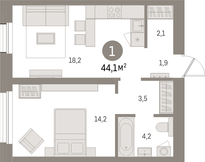 2-комнатная (Евро) квартира, 44.1 м² в ЖК "Северный ветер" - планировка, фото №1