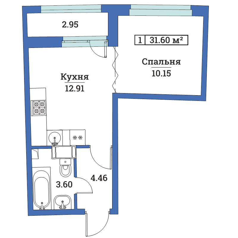1-комнатная квартира, 31.8 м² - планировка, фото №1