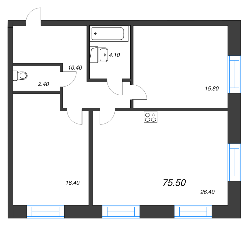 3-комнатная (Евро) квартира, 75.4 м² - планировка, фото №1