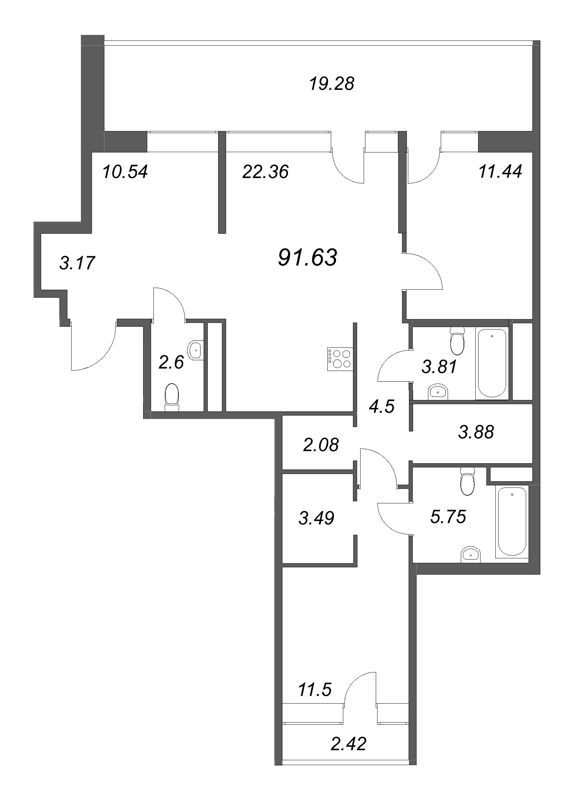 4-комнатная (Евро) квартира, 91.23 м² в ЖК "Avant" - планировка, фото №1