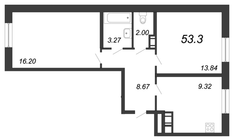 2-комнатная квартира, 53.8 м² в ЖК "Живи! В Рыбацком" - планировка, фото №1