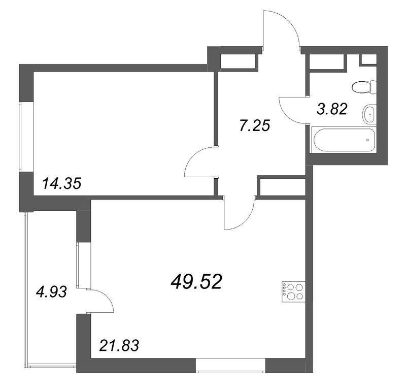 2-комнатная (Евро) квартира, 49.52 м² в ЖК "Аквилон Солар" - планировка, фото №1