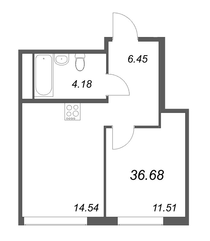 1-комнатная квартира, 36.68 м² - планировка, фото №1