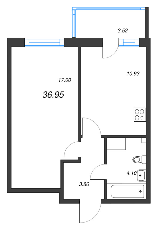 1-комнатная квартира, 36.95 м² - планировка, фото №1
