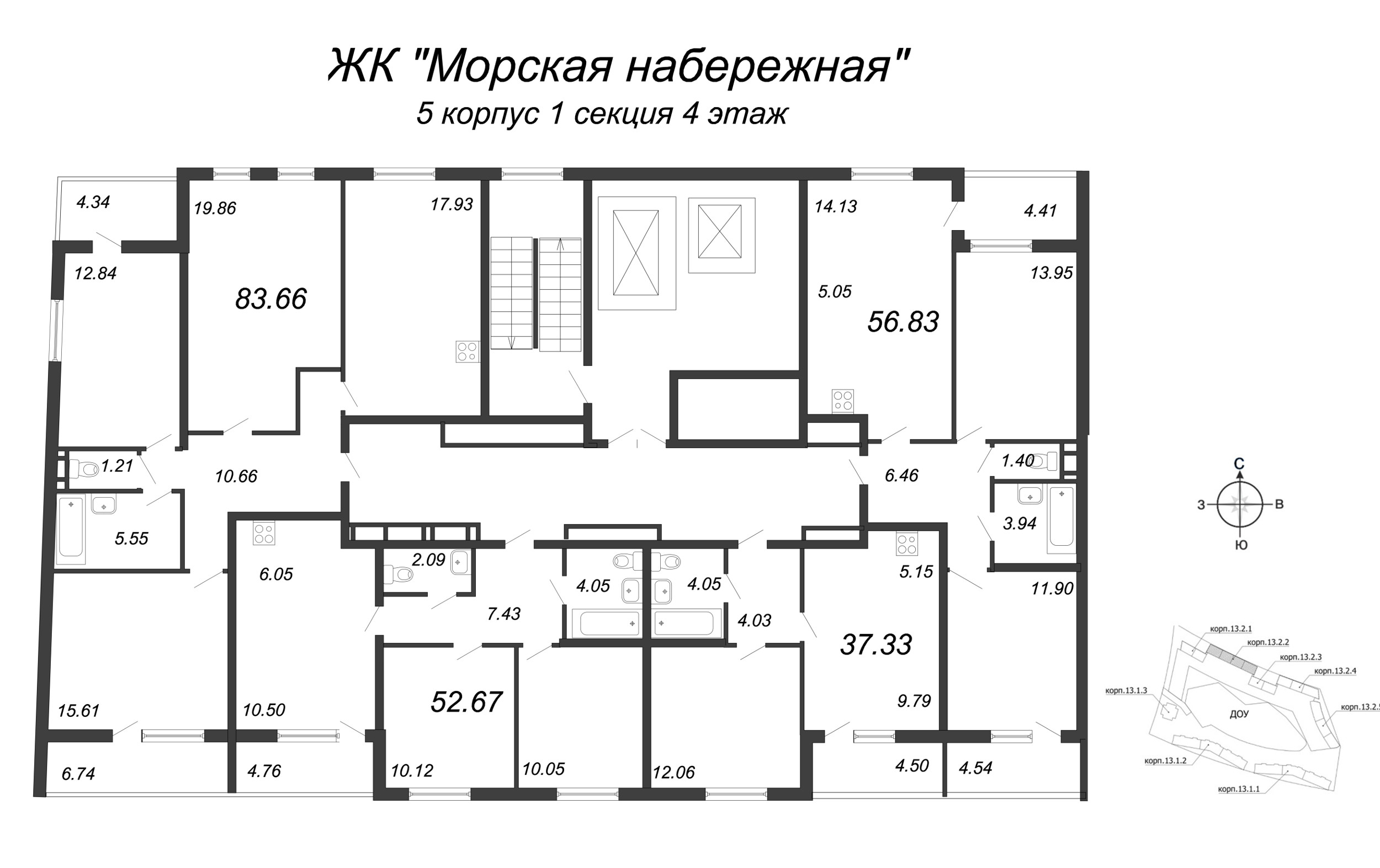 4-комнатная (Евро) квартира, 87.6 м² в ЖК "Морская набережная" - планировка этажа