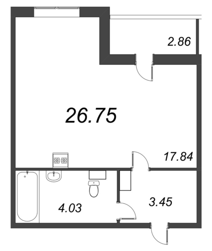 Квартира-студия, 26.75 м² - планировка, фото №1