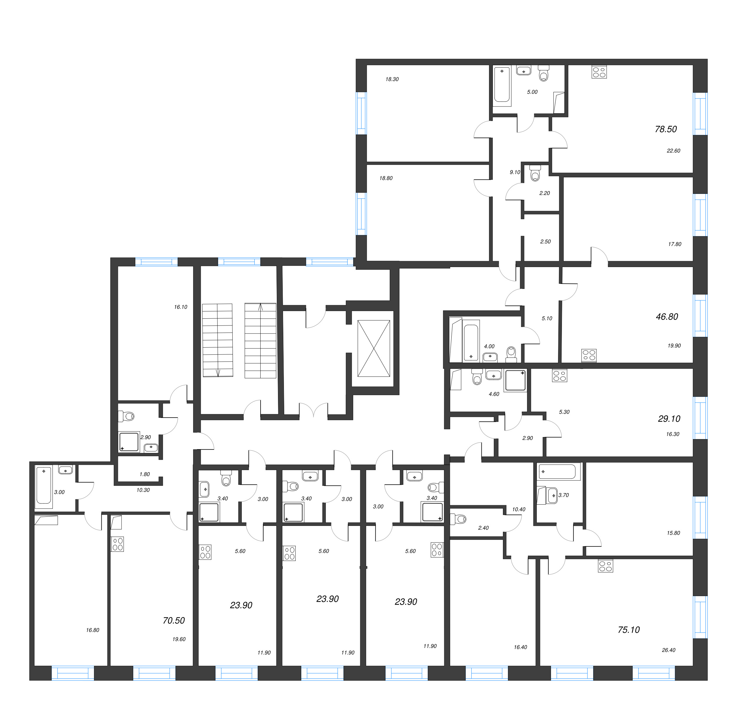3-комнатная (Евро) квартира, 75.1 м² в ЖК "Neva Haus" - планировка этажа