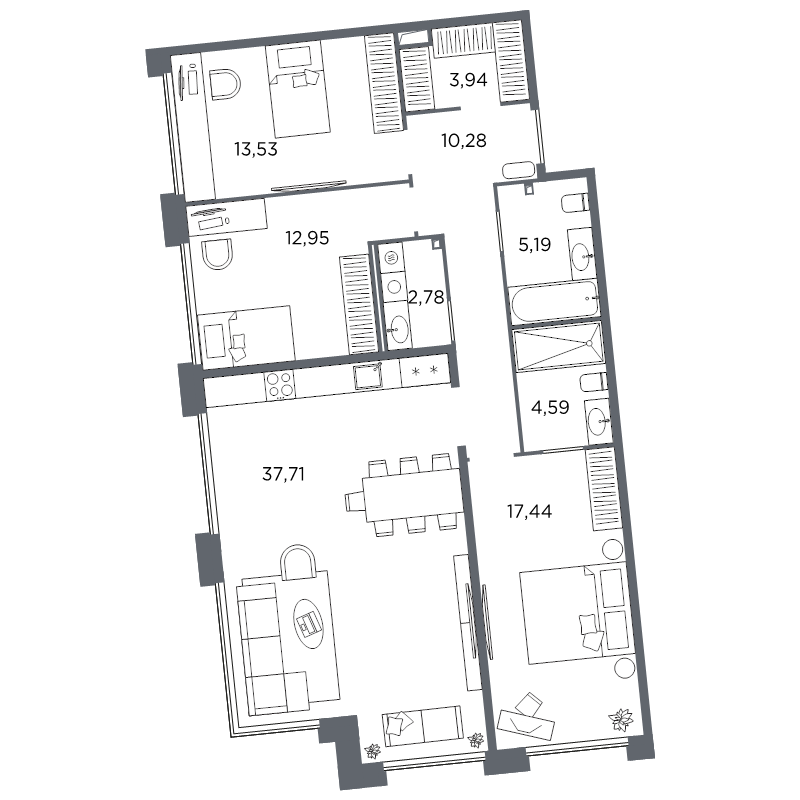 4-комнатная (Евро) квартира, 108.41 м² в ЖК "Акватория" - планировка, фото №1