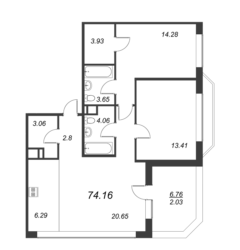 3-комнатная (Евро) квартира, 74.44 м² в ЖК "Akzent" - планировка, фото №1