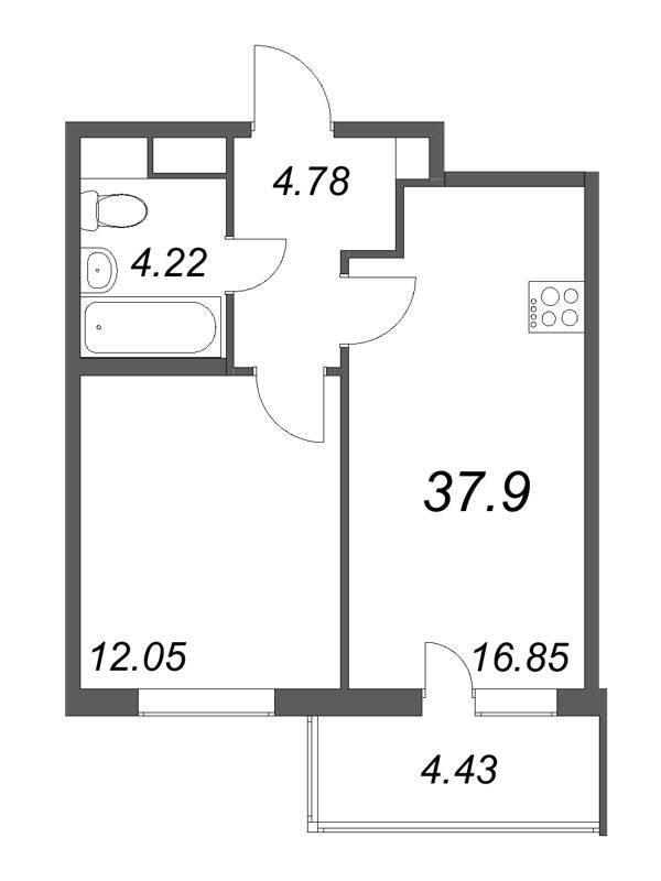 2-комнатная (Евро) квартира, 37.9 м² - планировка, фото №1