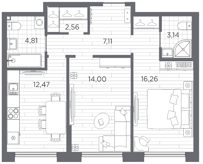 2-комнатная квартира, 60.35 м² в ЖК "Галерная гавань" - планировка, фото №1